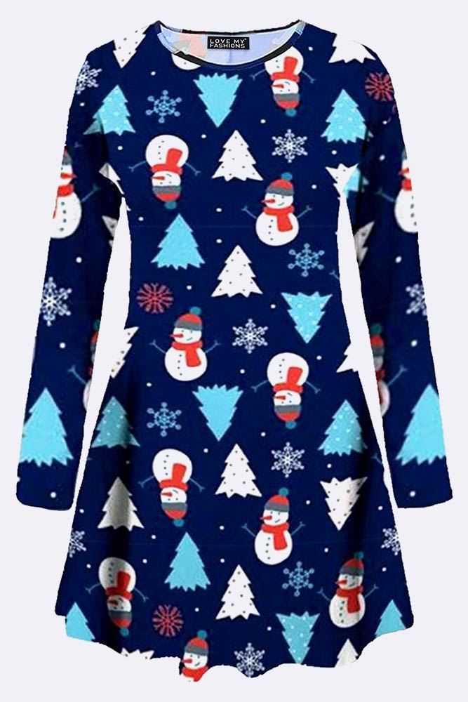 Cora Snowflake Tree Snowman Print Xmas Swing Dress - Love My Fashions - Womens Fashions UK
