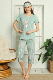 Women Short Sleeve Motif Three Quarter Pyjamas Set_GRWO